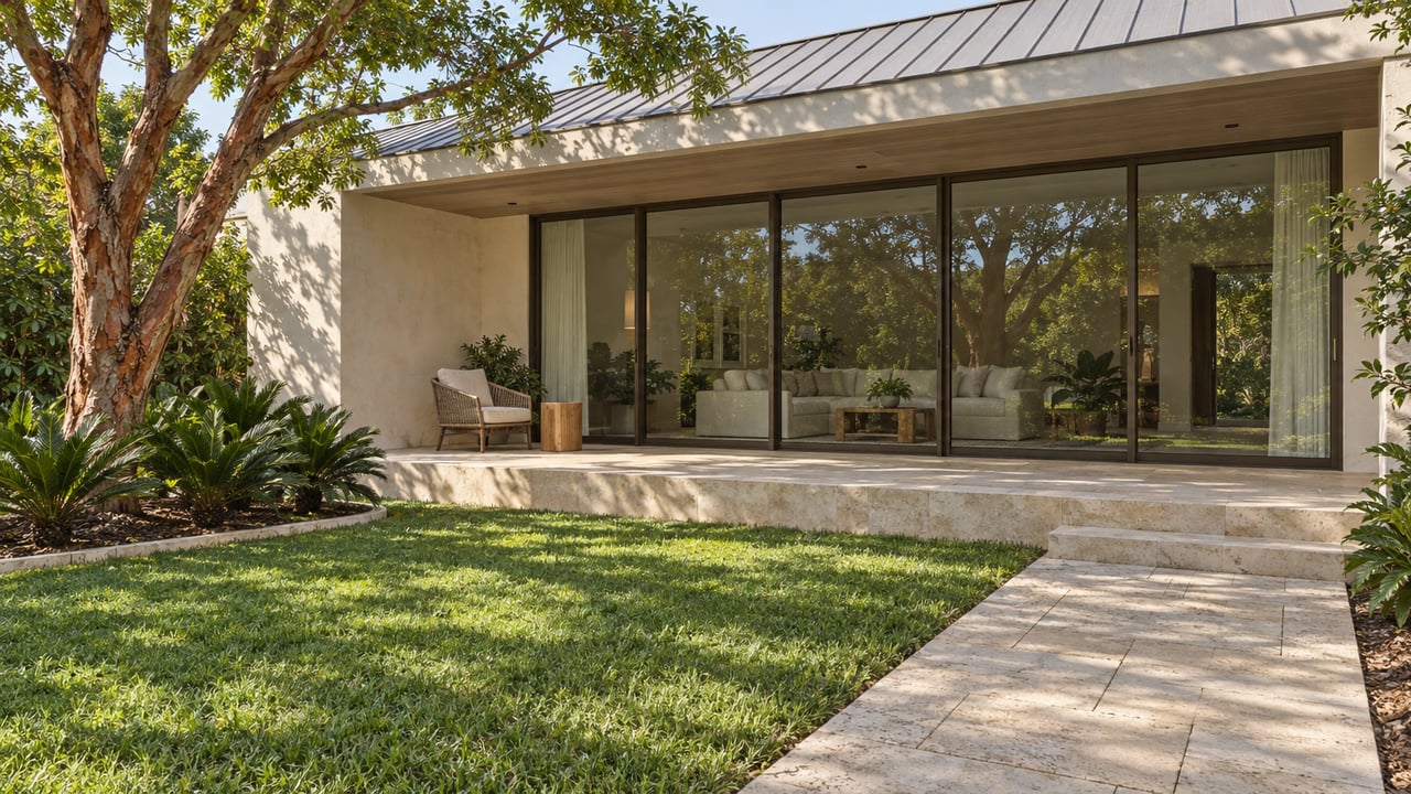 A warm-white single-story home opens visually onto a limestone terrace and lawn, framed by a copper-barked tree and low coontie planting.