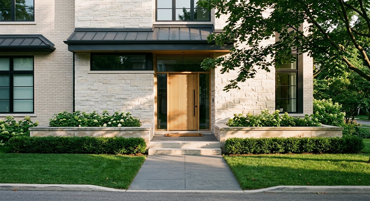 Limestone-and-pale-brick home with a white oak pivot door, concrete walk, lawn, and layered shrubs.