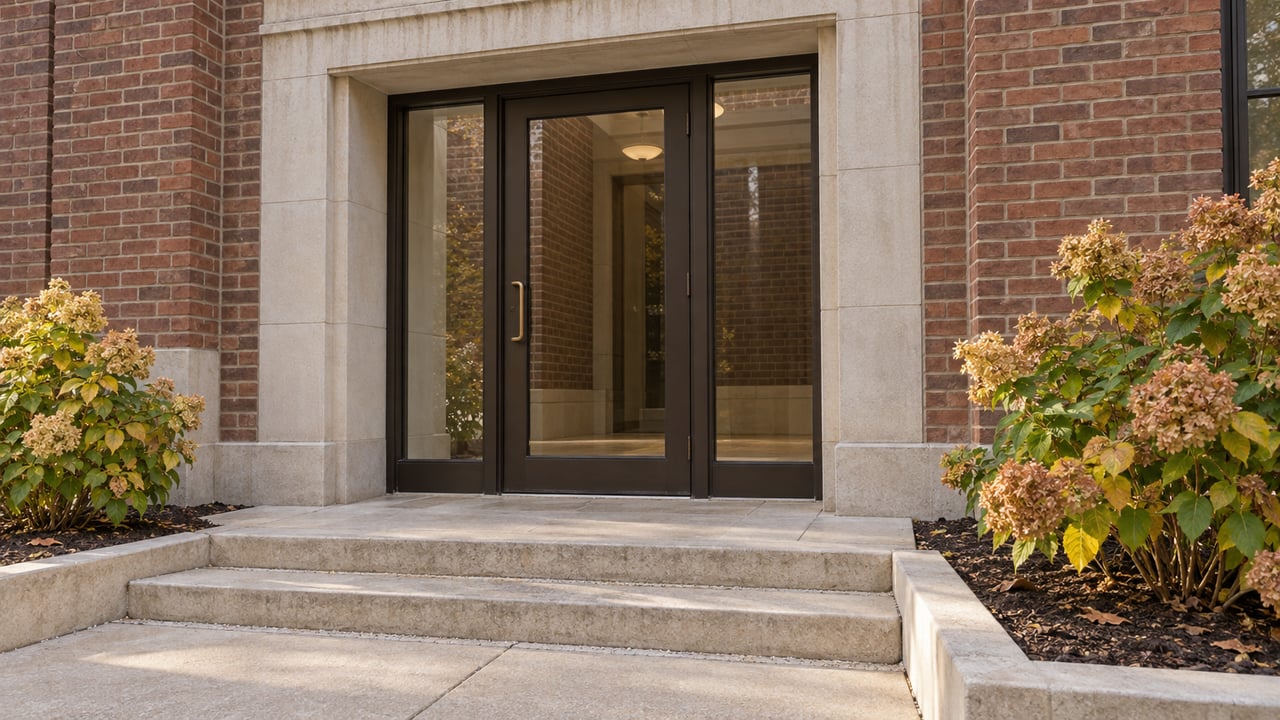 Recessed glass apartment entrance framed by red-brown brick, limestone steps, and tawny hydrangeas.