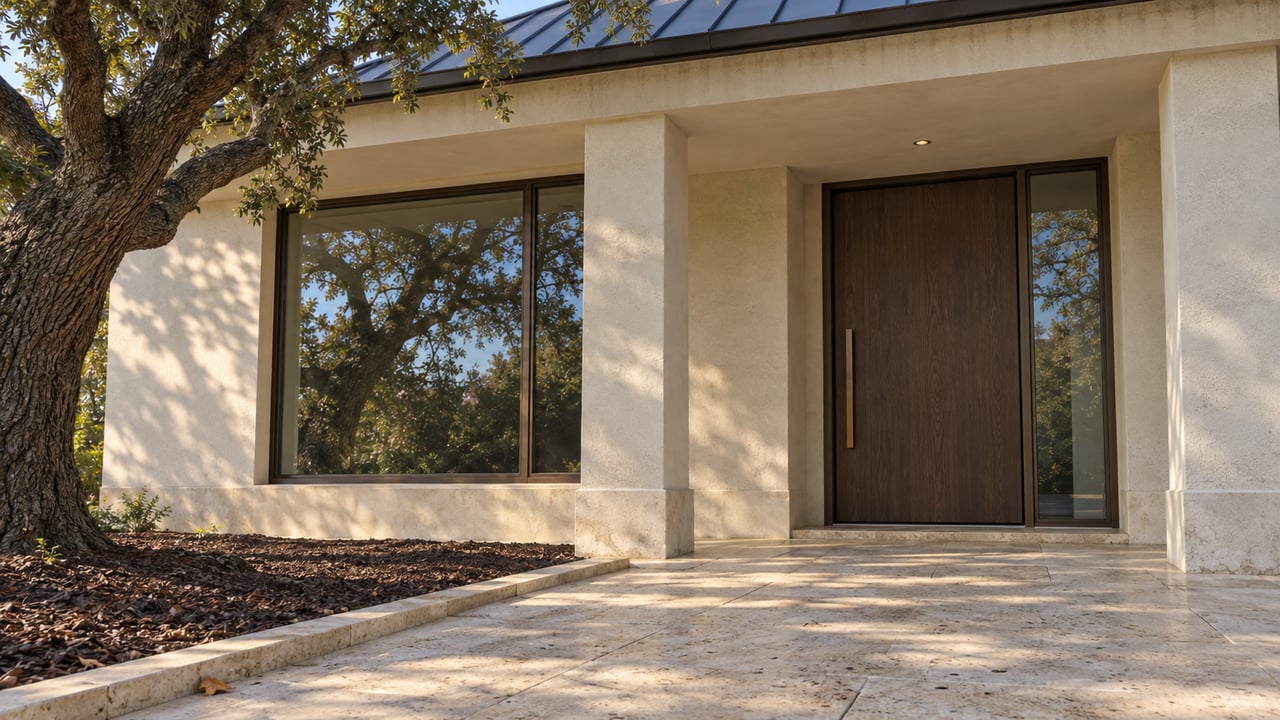 Close view of a stucco home's recessed oak entrance, bronze-framed glazing and limestone approach beneath a mature live oak.