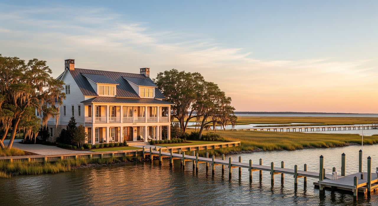White waterfront house with a wraparound porch beside a marsh and long wooden pier at sunset.