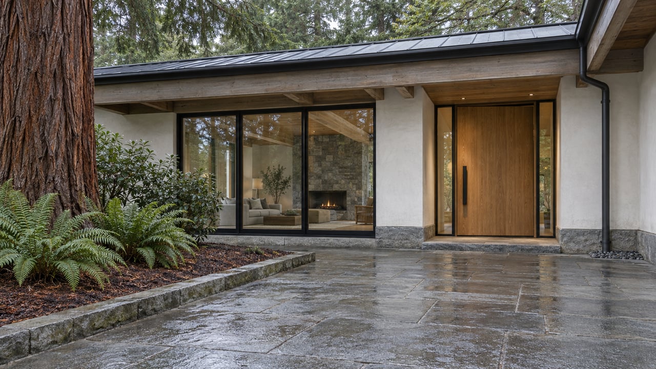 A timber-roofed home with pale plaster, black-framed glazing and a damp stone approach beside a redwood and sword ferns.