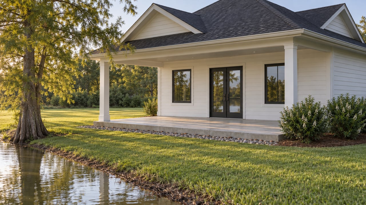 White pavilion with black-framed windows and double doors beside a broad lawn and a small cypress-edged waterline.