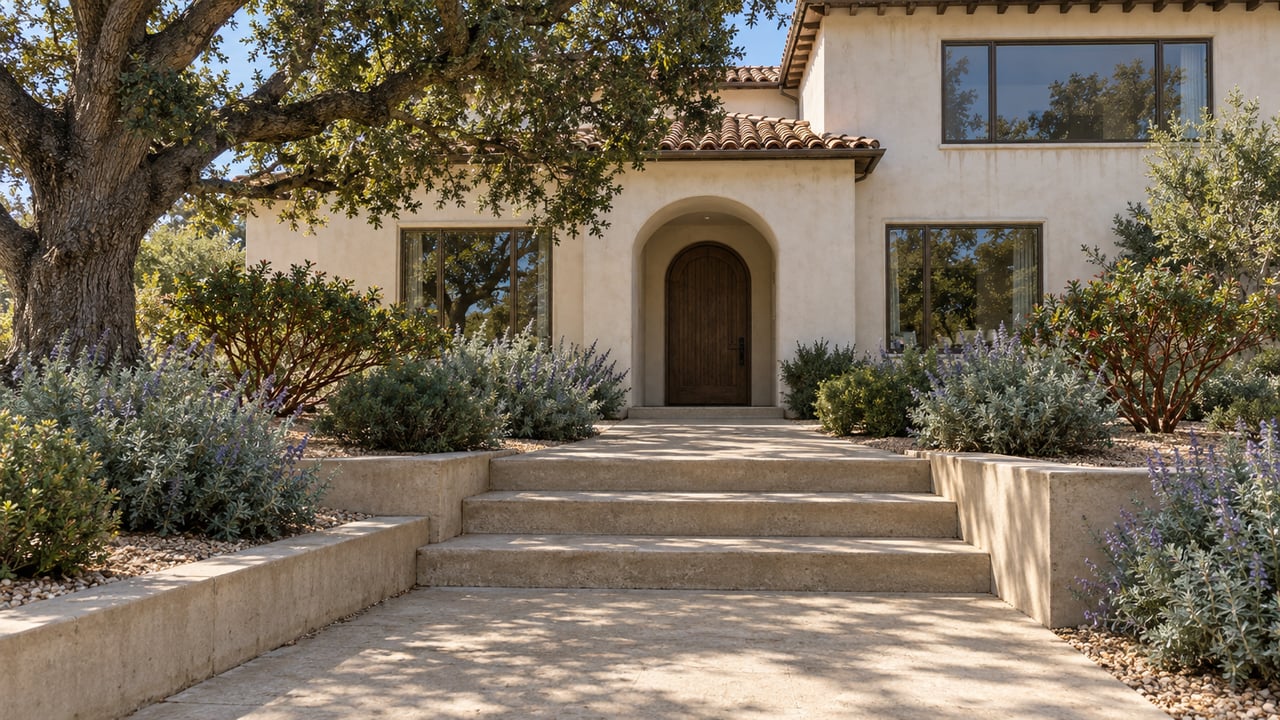 Ivory stucco home with a tiled roof, bronze-framed windows and an arched oak entry above a deep landscaped concrete approach.