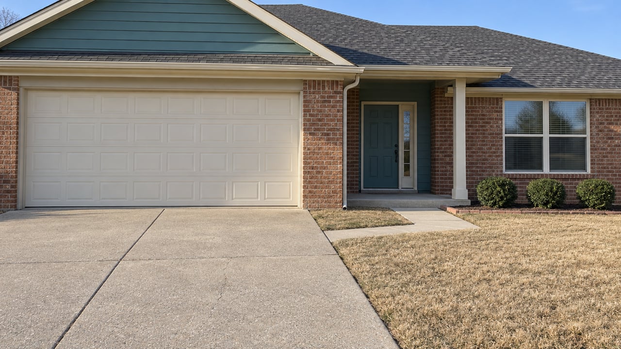 Red-brown brick ranch with a cream garage door, recessed teal entry, and tawny autumn lawn in afternoon sunlight.