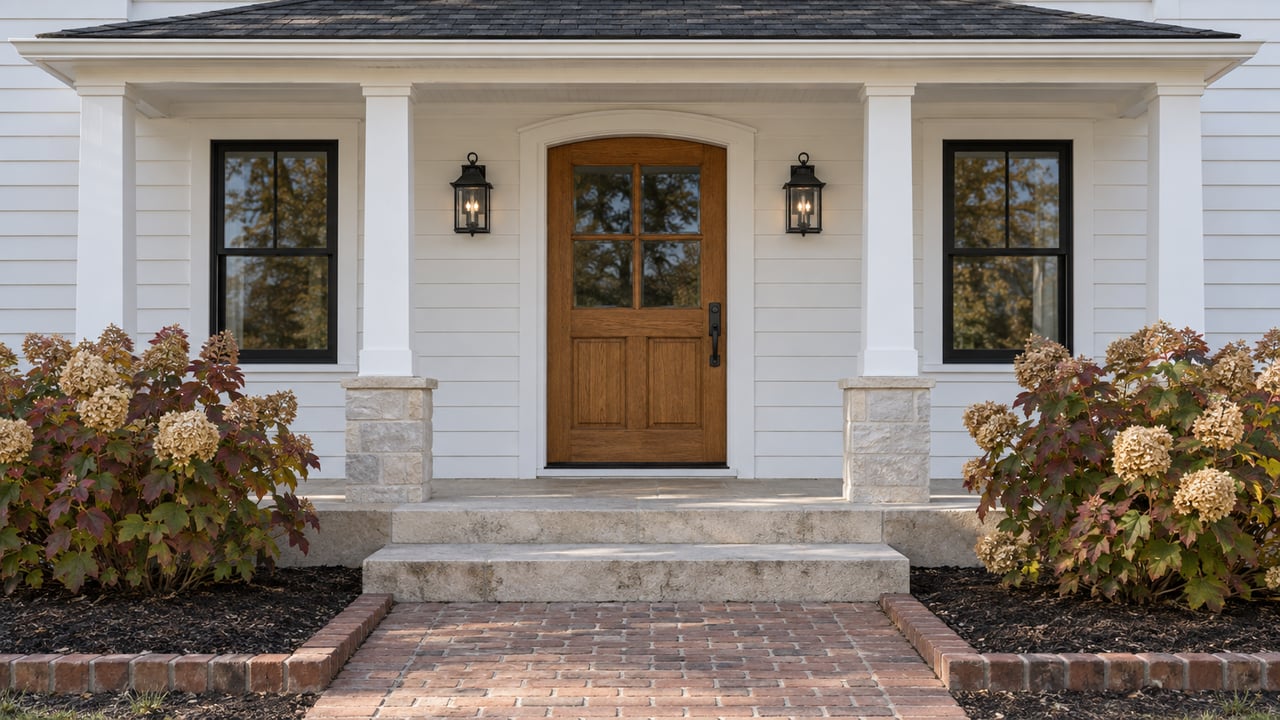 White clapboard home entry with an oak door, paired black lanterns, limestone steps and autumn oakleaf hydrangeas.