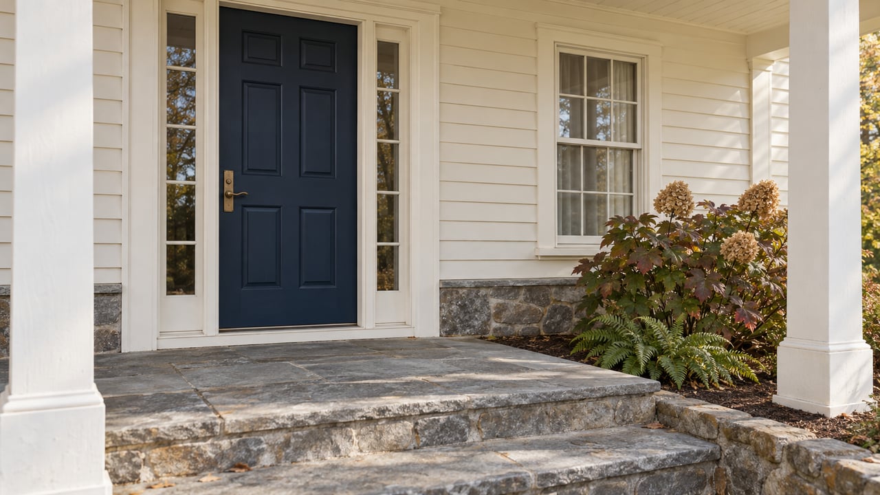Covered entry with a navy paneled door, ivory clapboard siding, gray stone steps and autumn oakleaf hydrangea.