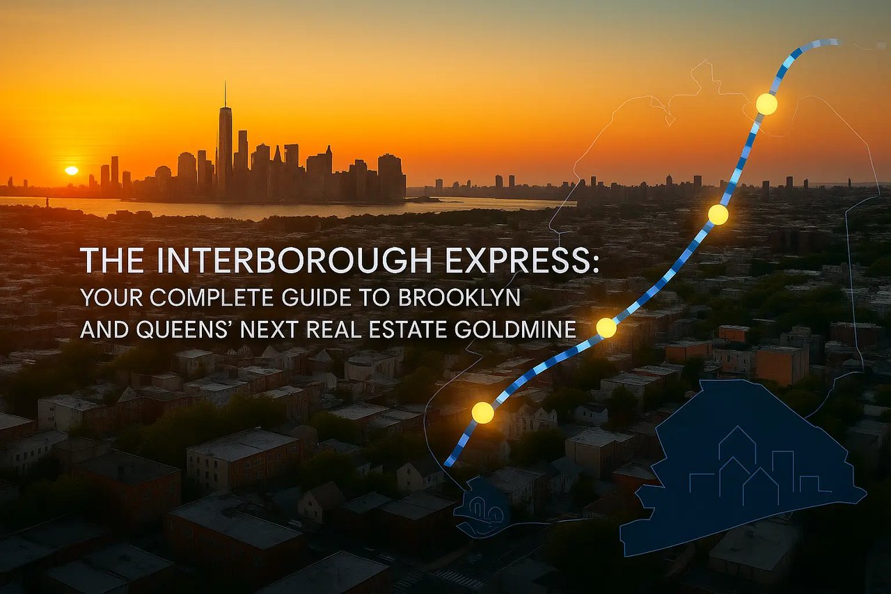 Aerial sunset view of Brooklyn with the Manhattan skyline in the background, featuring a glowing dotted map of the Interborough Express route across Brooklyn and Queens, highlighting key stops and a headline about real estate opportunities.