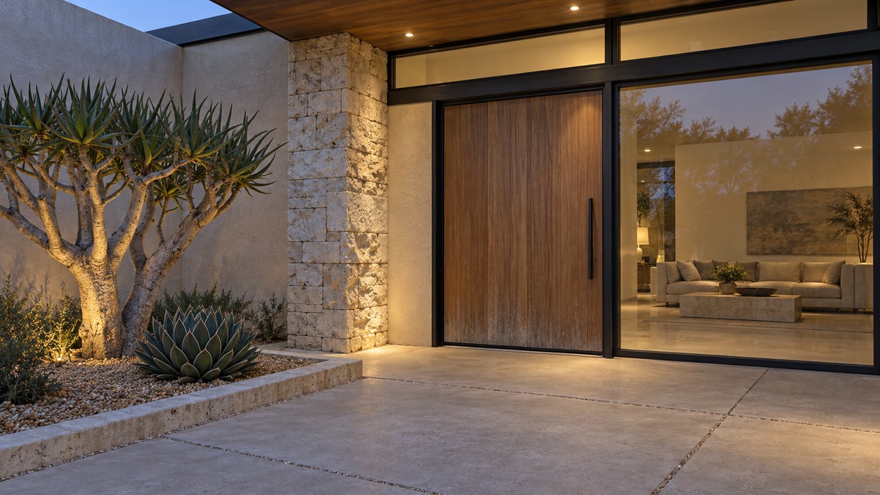 Desert-modern entry at dusk with a warm wood pivot door, limestone pier, glass living-room window and sculptural aloe in a gravel planting bed.