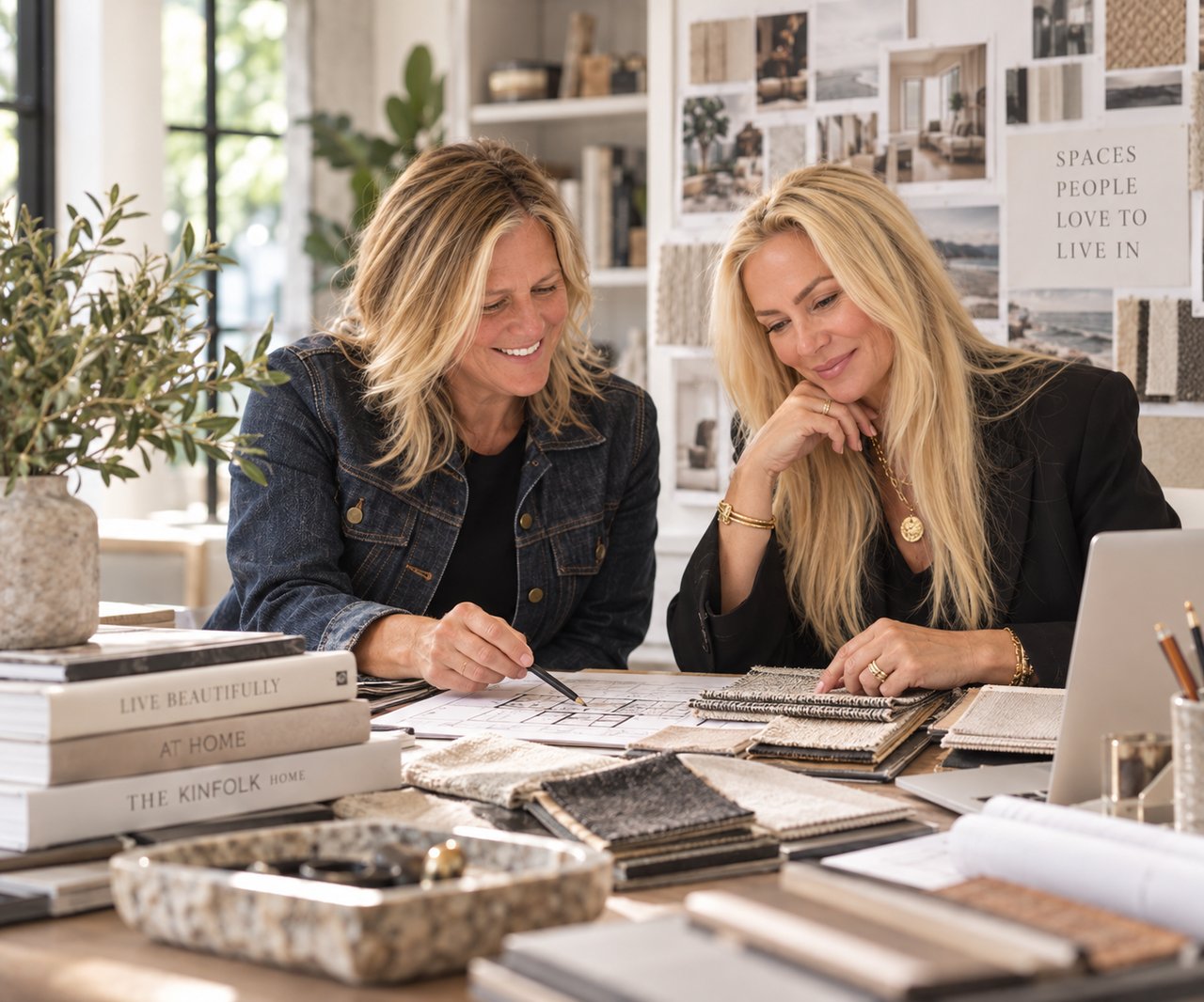 Two women review a floor plan and fabric samples at an interior design studio.