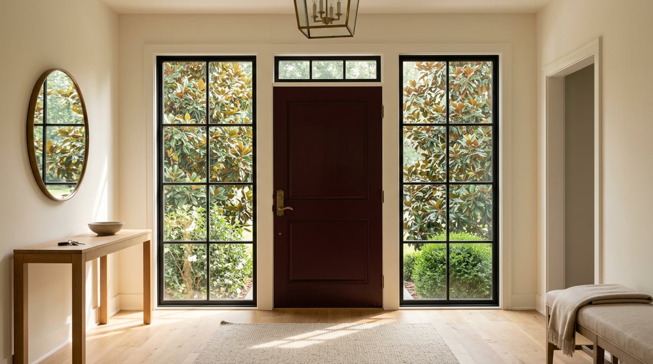 Burgundy entry door with divided-light sidelights, oak console, brass mirror, and sunlit floor.