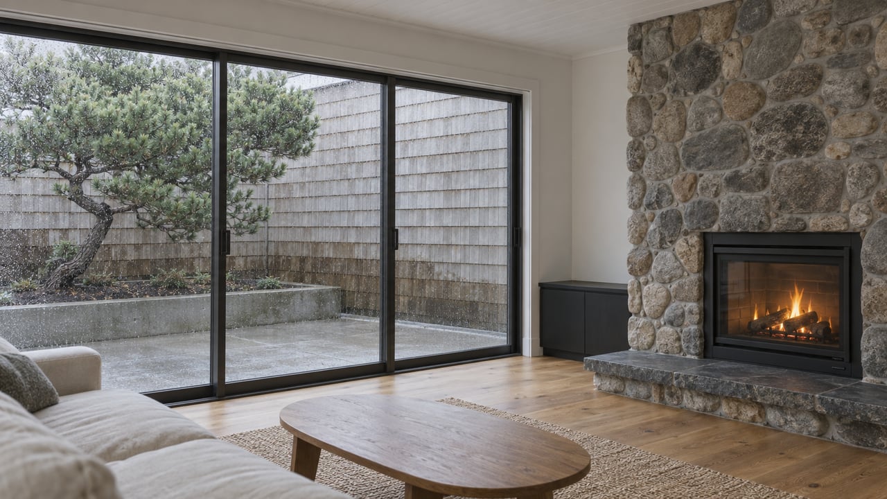 Coastal living room with a river-stone fireplace, warm oak flooring, ivory seating and closed glass doors overlooking a small pine court.
