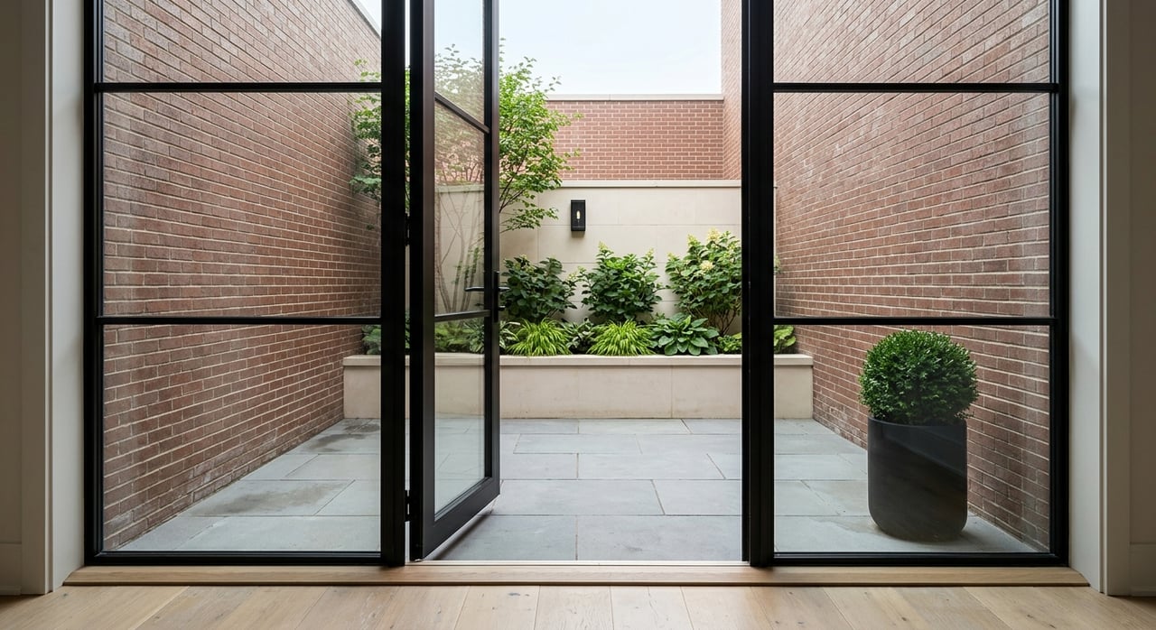 Brick courtyard with a limestone planter, black-framed glass door, and bluestone paving.