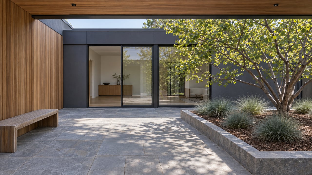 Contemporary home's stone terrace with cedar siding, closed full-height glass doors, and a sculptural redbud in a raised planting bed.