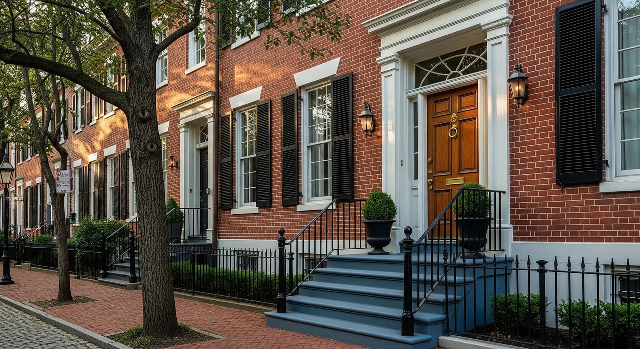 Red-brick rowhouses with black shutters, iron railings, and blue-painted steps beneath leafy street trees.