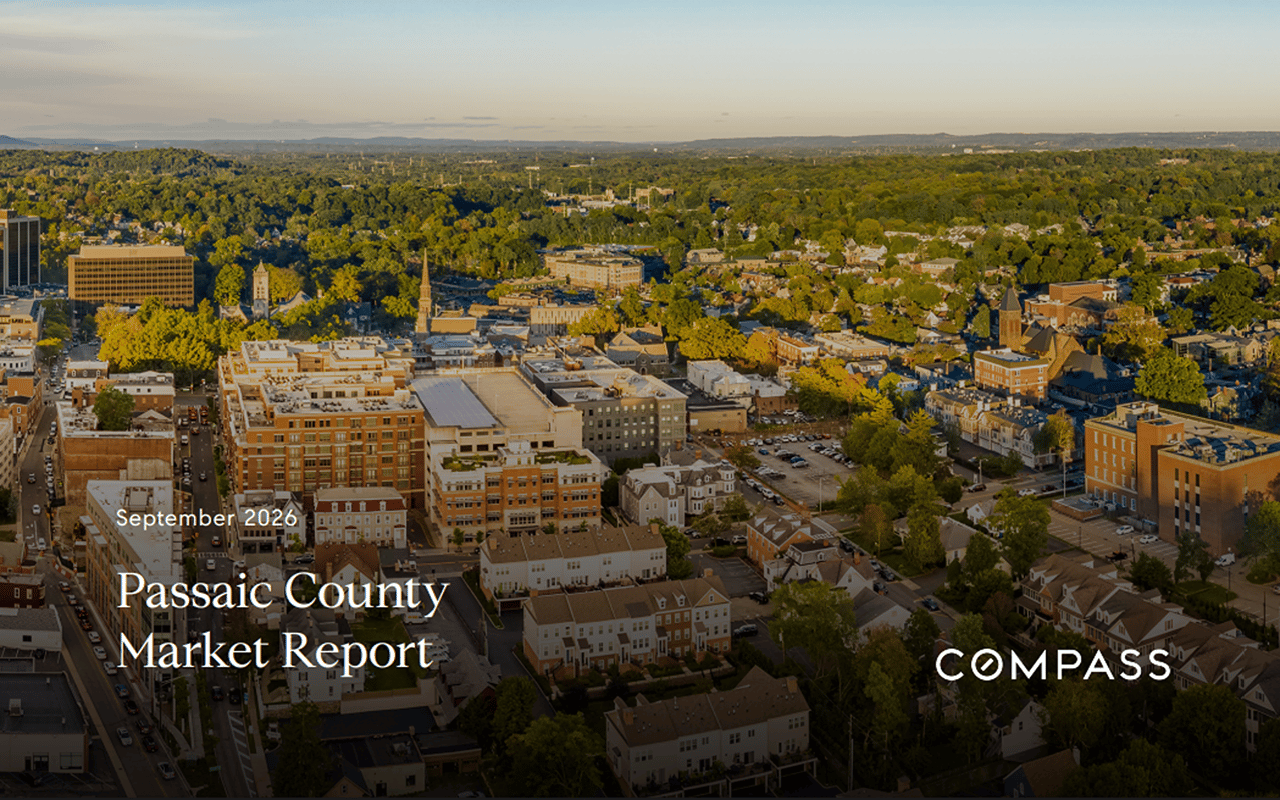 Passaic County Market Report, September 2026, with an aerial view of downtown and Compass branding.