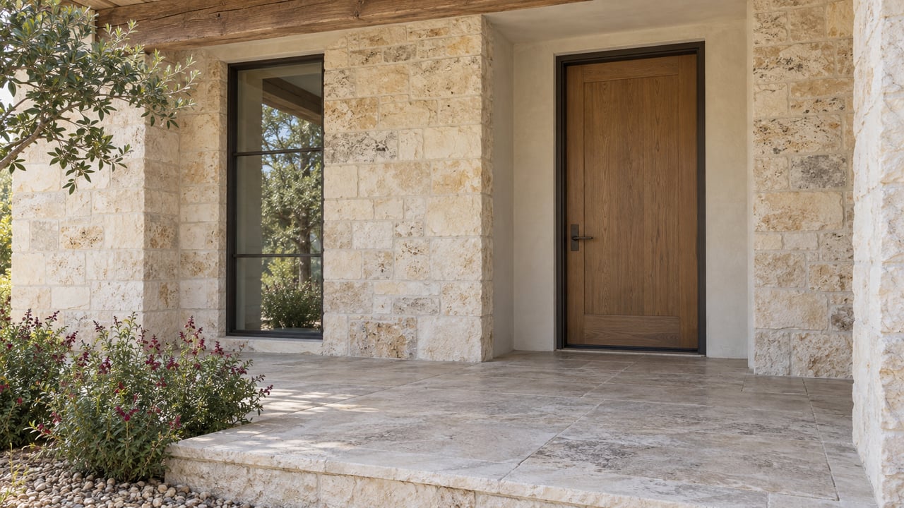 Close view of a limestone entry porch with a natural oak door, bronze-framed window and burgundy-flowering sage beside a raised stone floor.