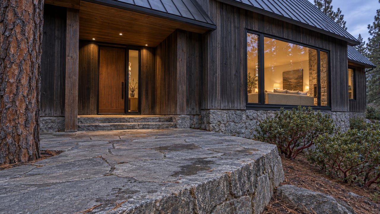 Cedar-clad home with a steep metal roof, warm enclosed windows, and a granite approach beside a mature pine at blue hour.