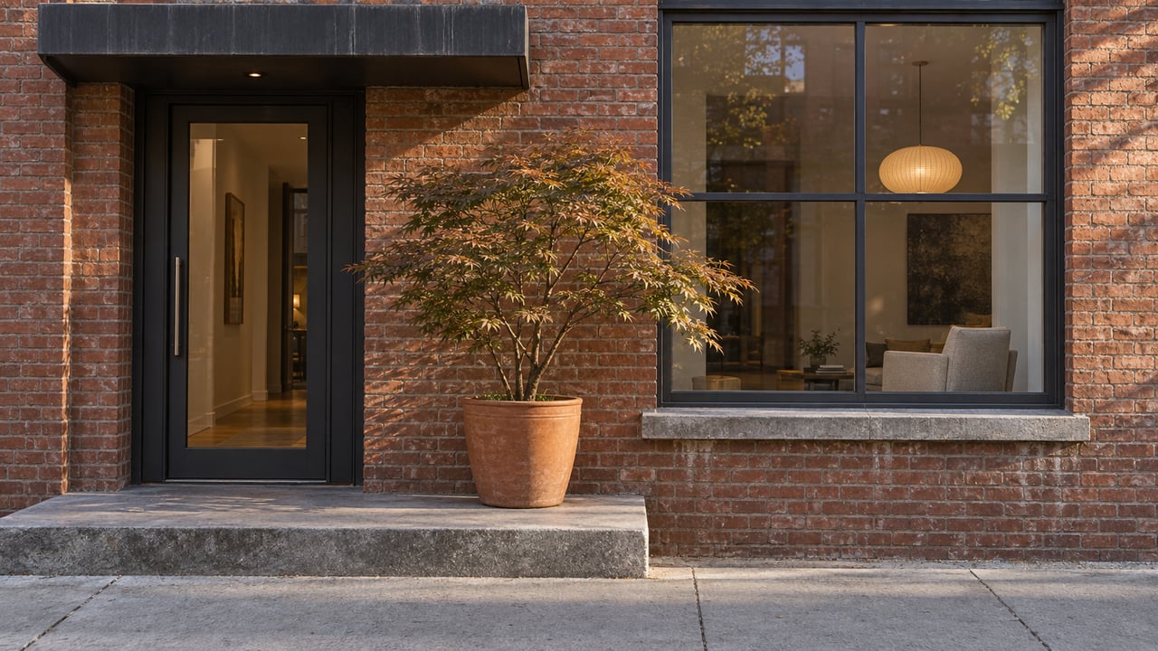 Close view of a brick loft residence with charcoal-framed glazing, a limestone entry step, and a potted Japanese maple in late-afternoon light.