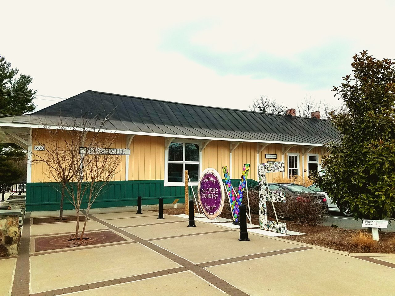 Purcellville VA train station with LOVE sign and Virginia wine country display in Western Loudoun County