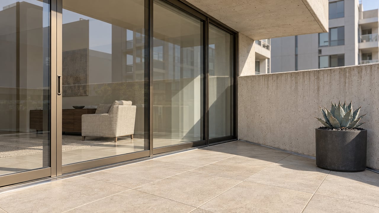 Sunlit condominium terrace with bronze-framed glass doors, pale concrete walls, and a single blue-gray agave in a charcoal planter.