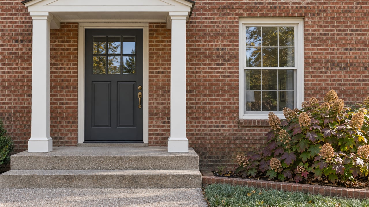 Brick home entry with white timber columns, a charcoal door, concrete steps, and oakleaf hydrangea beside a tall window.
