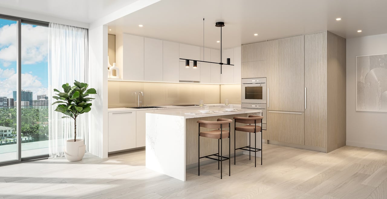Rendering of residence kitchen at La Baia South in Bay Harbor Islands.