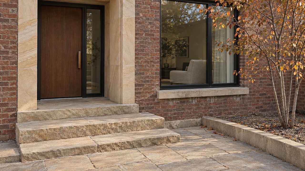 Wood entry door and black-framed window in a brick residence above sandstone steps, beside a copper-leaved serviceberry.