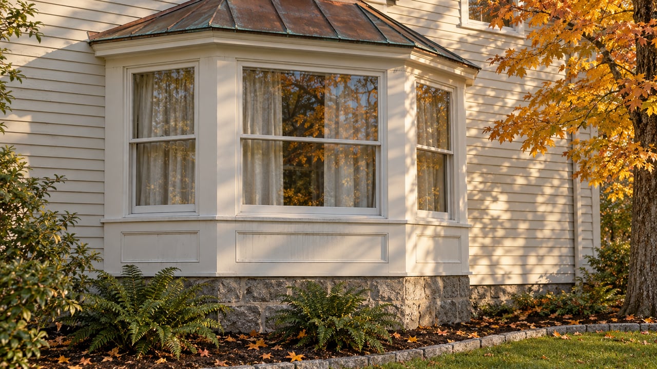 Warm autumn sunlight across an ivory clapboard window bay with aged copper roofing, granite foundation, and orange maple leaves.