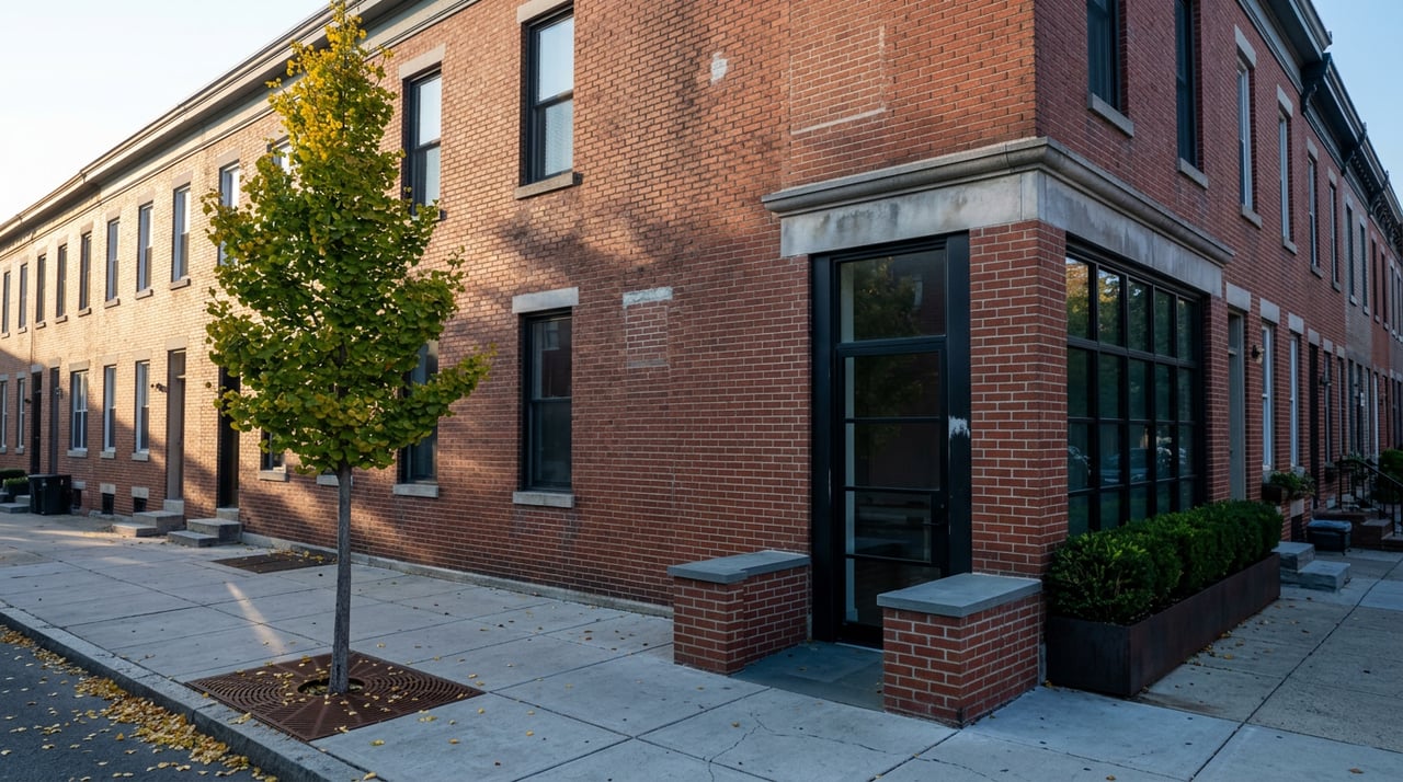Brick corner rowhouse with black steel storefront windows and a golden ginkgo tree beside the sidewalk.