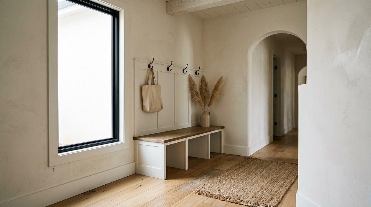 Entry mudroom with a white built-in bench, black hooks, dried grass in a stoneware vase, and an arched doorway.