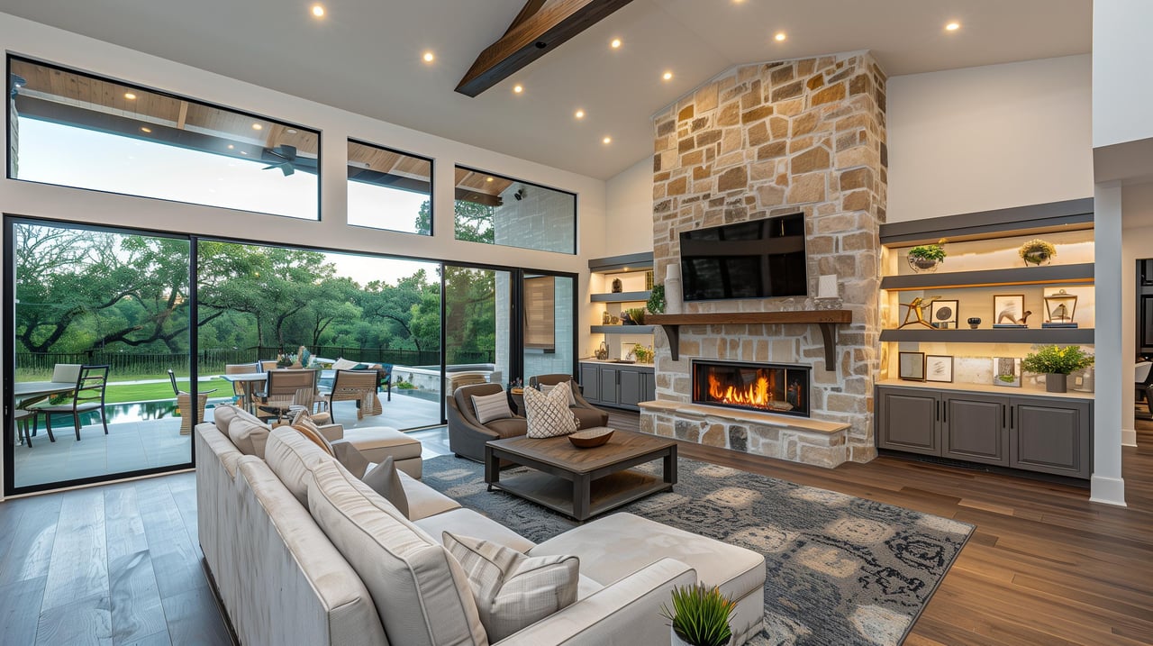 Modern living room with a stone fireplace and expansive windows overlooking a pool and leafy trees.