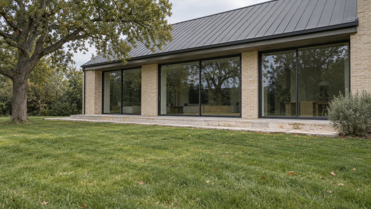 Pale brick house with three glass bays, a limestone terrace, deep lawn, and mature oak.