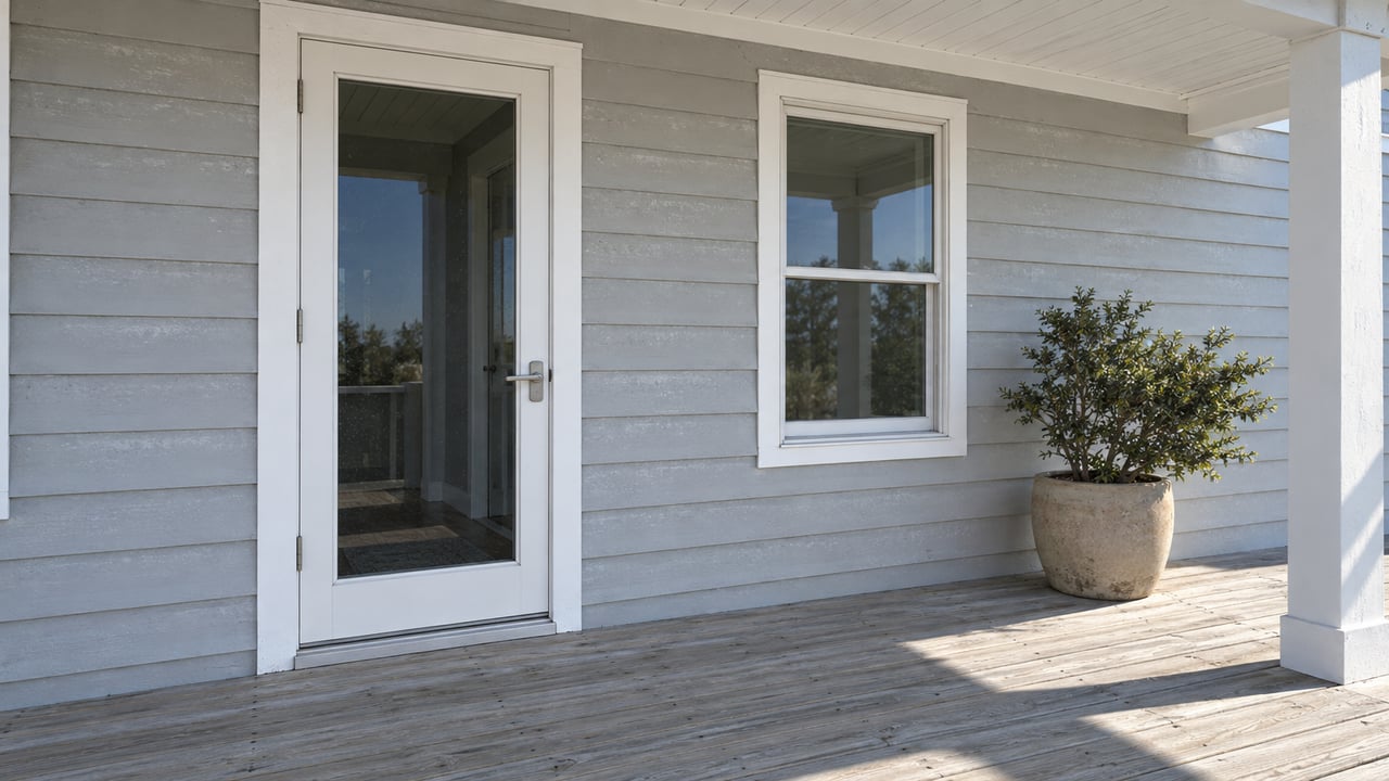 Morning light across a weathered wood porch, pale gray siding, a glazed entry door and a potted wind-shaped yaupon.