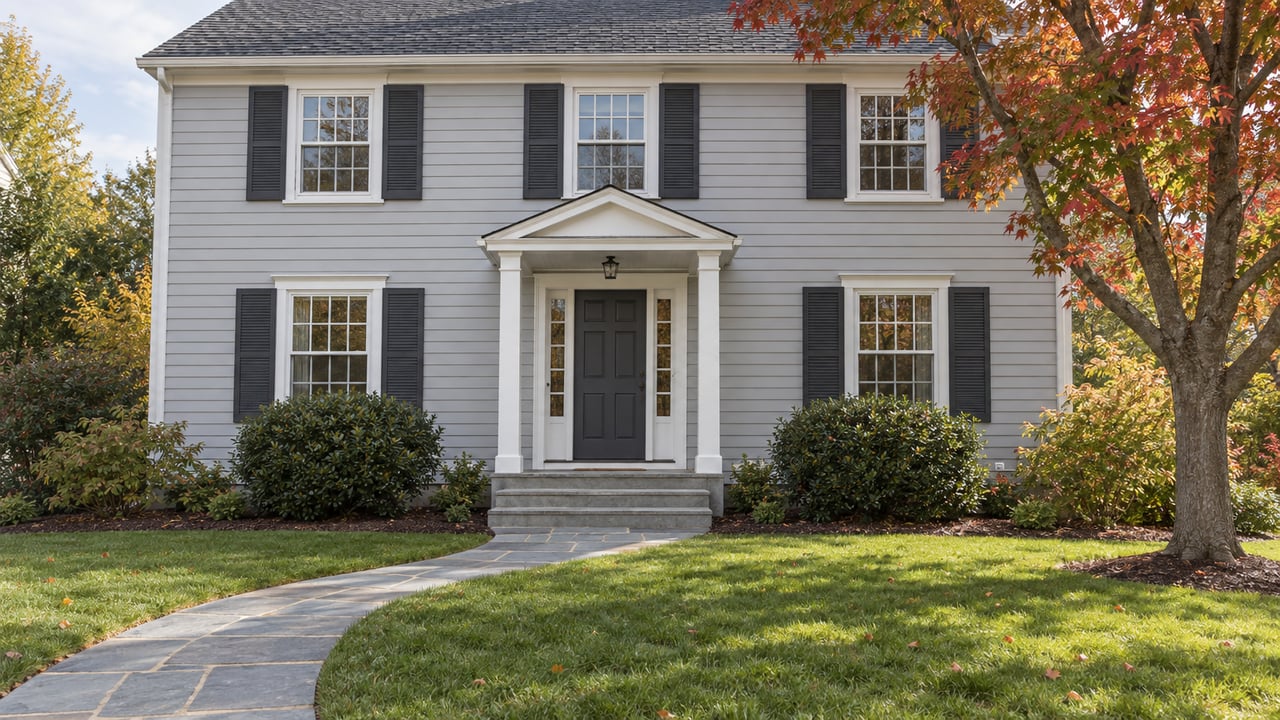 Pale-gray two-story home with a centered white portico, paired dark shutters, a stone walkway and a red-leaved maple beside the front lawn.