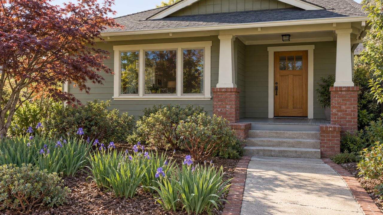 Olive wood-sided bungalow with a brick-supported porch, concrete garden approach, Japanese maple and native iris planting.