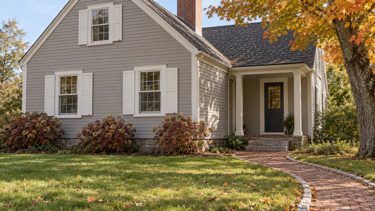Gray clapboard home with white trim, a brick chimney, granite entry steps, and a gold-leaved maple beside an autumn lawn.