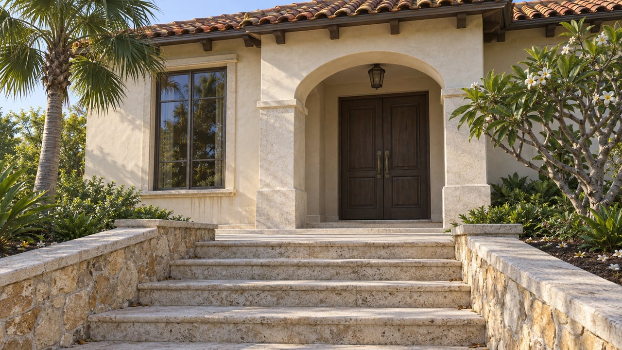 Warm stucco hillside villa with a terracotta roof, sheltered arched entrance and broad limestone steps between capped stone walls.