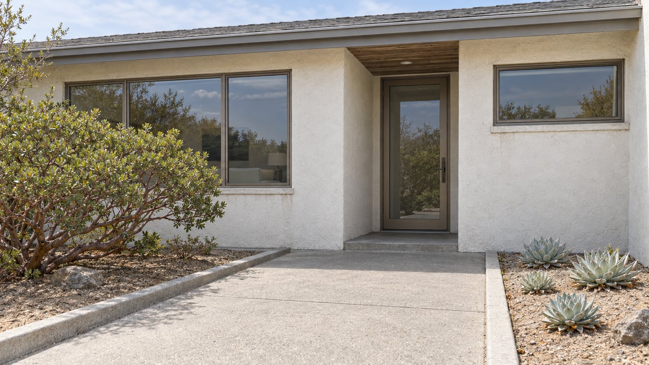 A compact light-stucco home with bronze-framed windows, a recessed glazed entry, and a concrete approach beside a sculptural manzanita and succulent bed.