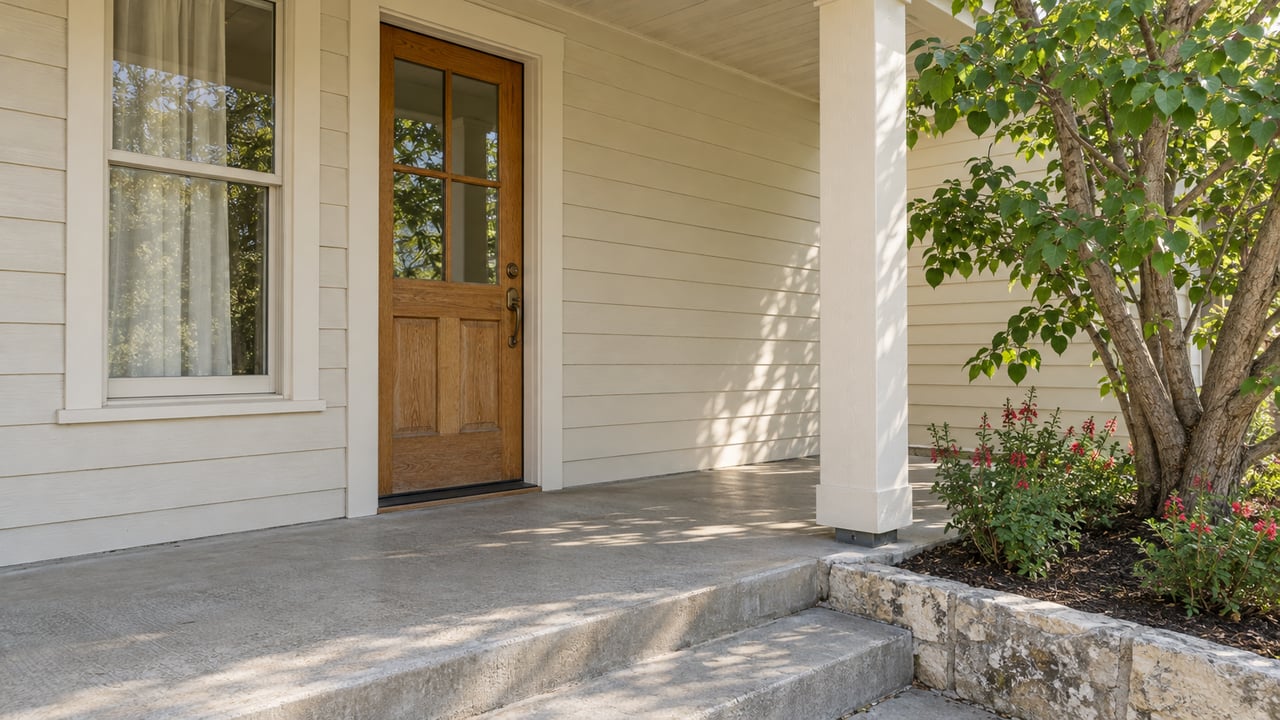A covered porch with ivory timber siding, a glazed oak door, concrete steps, and a limestone-edged bed containing a branching redbud and red-flowering sage.