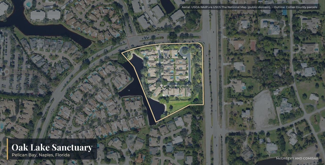 Aerial view of Oak Lake Sanctuary at Pelican Bay, Naples, Florida, with its parcels outlined