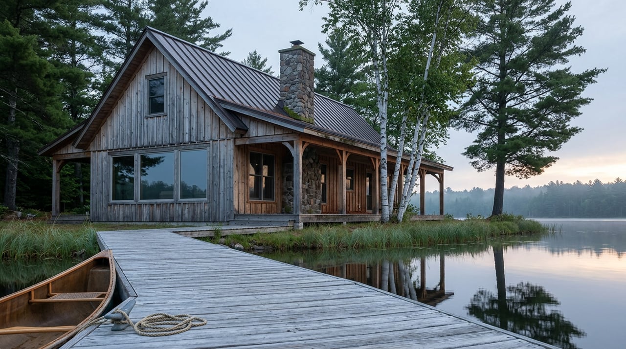 Lake cabin with a stone chimney and covered porch beside a dock, canoe, and misty pine-lined shore.