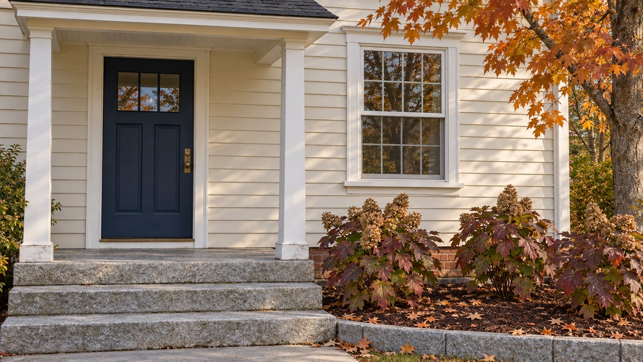Cream clapboard home with a navy front door, granite steps, and autumn maple and oakleaf hydrangea planting.