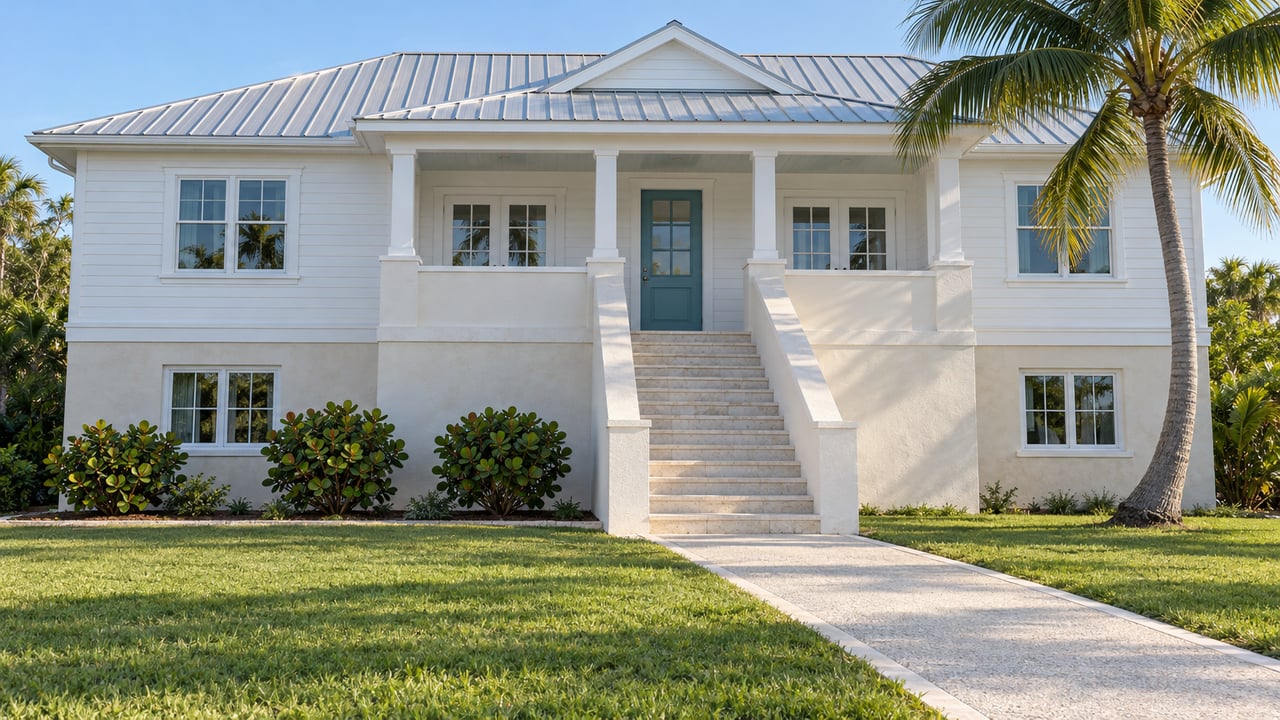 Sunlit white elevated home with a silver gable roof, teal entry door, broad limestone stairs and a curved coconut palm beside a deep green lawn.