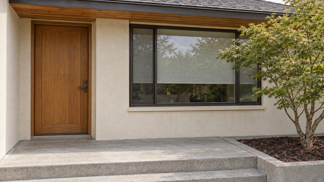Oak entry door and bronze-framed window beneath a cedar soffit, beside a Japanese maple and concrete landing.