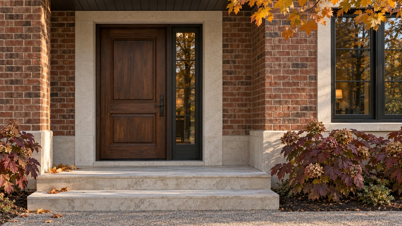 Brick house entry with a walnut door, limestone steps, autumn shrubs, and amber maple leaves.