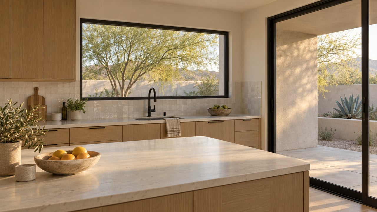 Cream quartz kitchen island and oak cabinets beside a glazed sliding door, with a desert tree and agave outside.