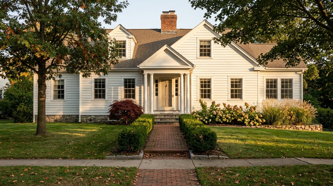 White clapboard colonial with columned entry, brick walk, boxwood hedges, and broad oak-shaded lawn.