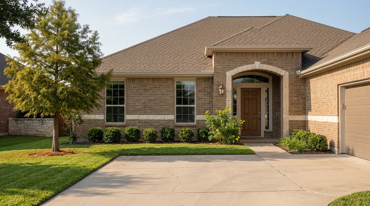 Brick-and-limestone home with an arched entry, two-car garage, clipped shrubs, and a cypress tree beside the lawn.