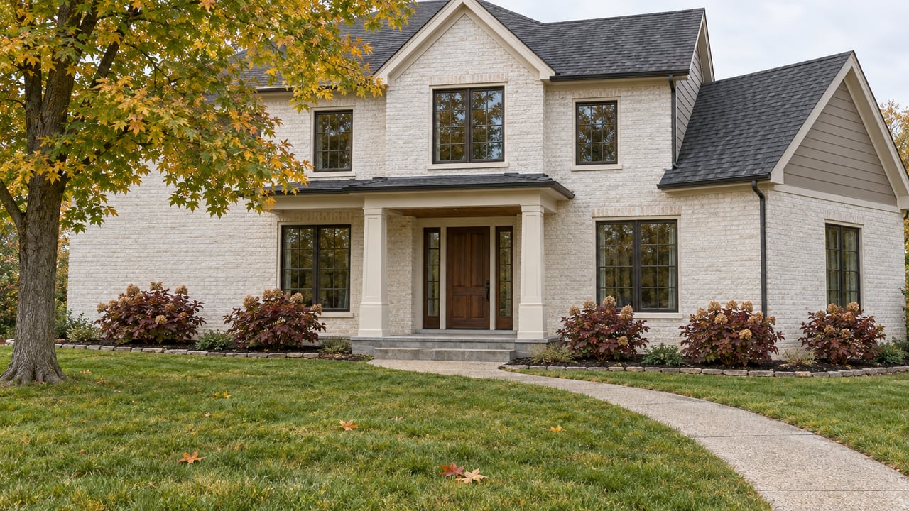 Two-story painted-brick home with gabled roofs, a limestone entry porch and an expansive lawn beneath an autumn maple.